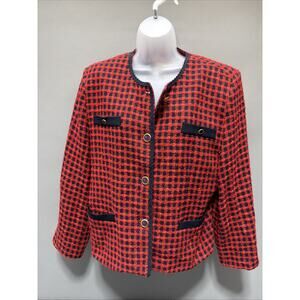 Tan Jay Women Red Navy Plaid Wool Blend Blazer Jacket Size L VINTAGE Classic